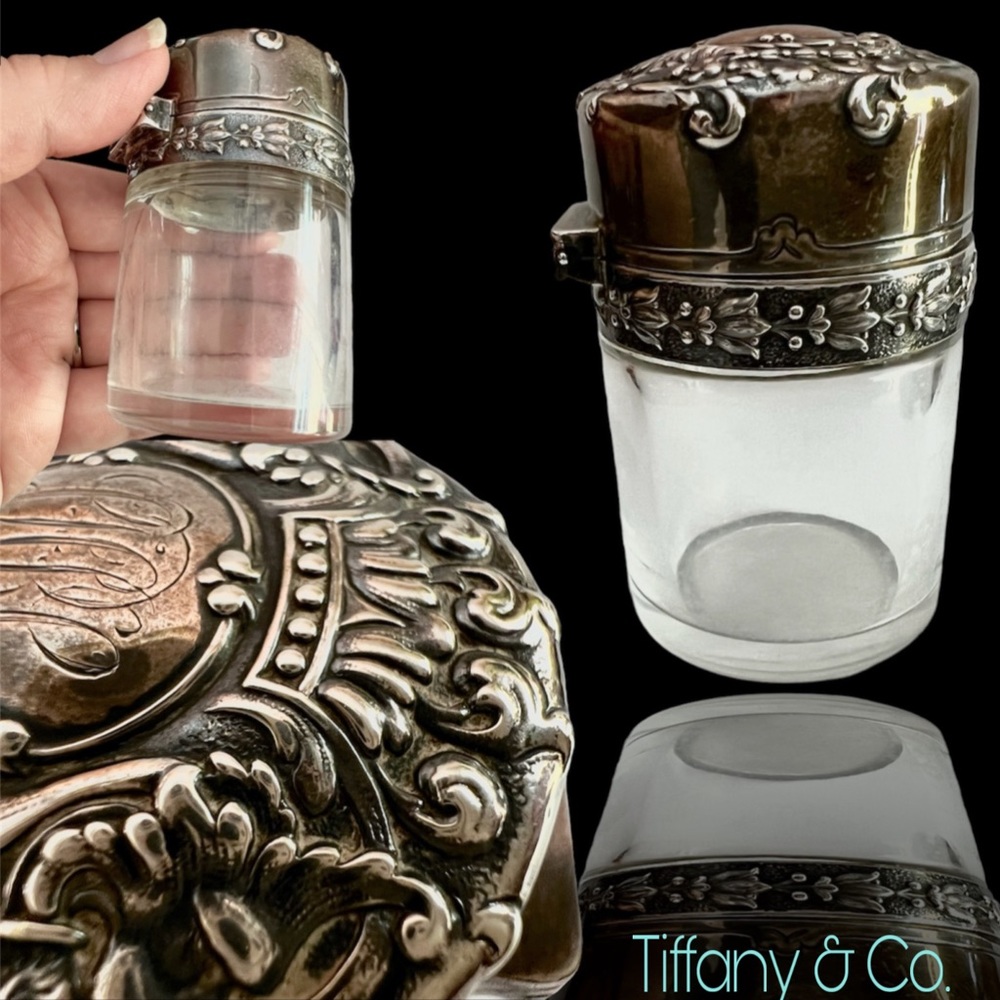 Antique Tiffany & Co. vanity lidded glass jar/pill box hinged